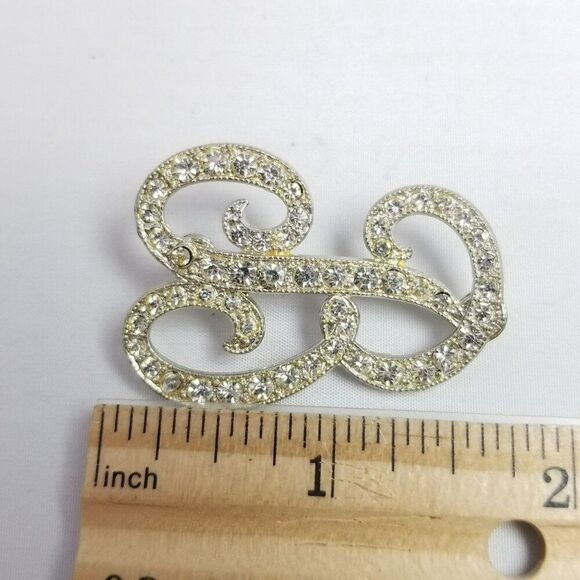 Vintage B Monogram Initial Letter Rhinestone Brooch, Silver Tone Lapel Pin - Picture 6 of 8